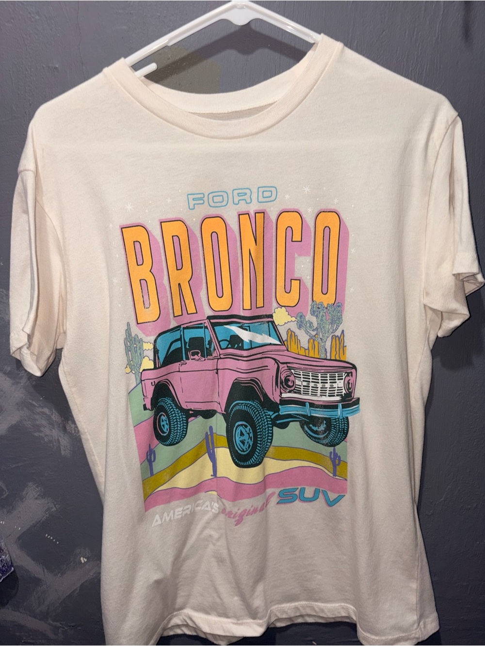 Ford Cream Tee with Pink Bronco & Multicolor Retro Print